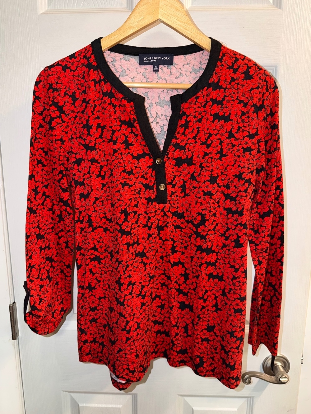 Jones New York Signature Red Black Floral 3/4 Sleeve Tunic Top M